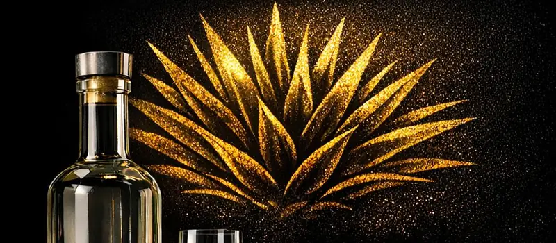 Botella y copa de tequila blanco junto a un agave dorado
